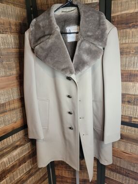 London Fog Cream Pea Coat with Taupe Faux Fur Collar